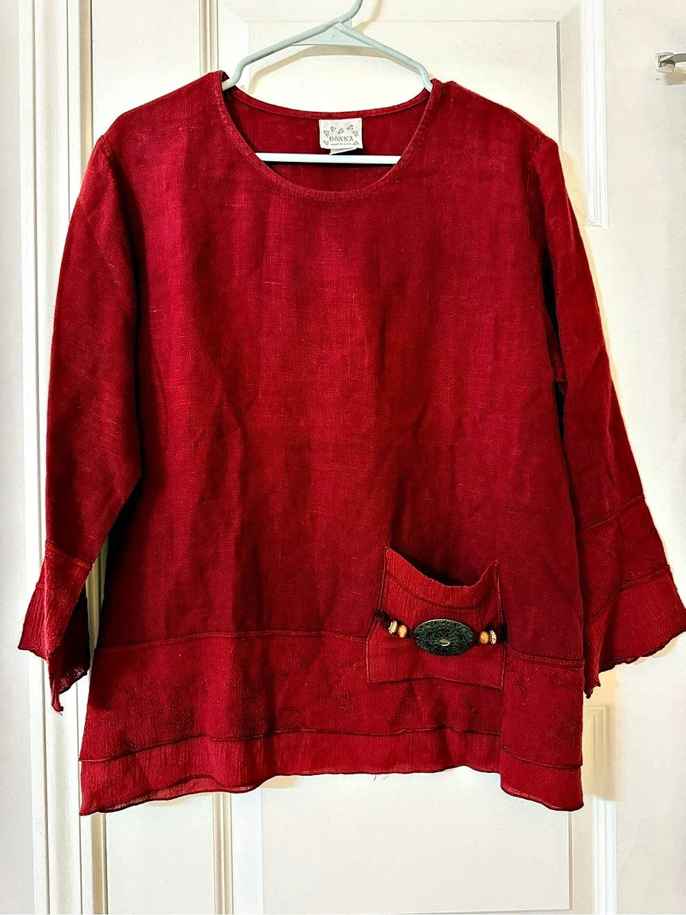 Vintage 90s Donna Linen Tunic Top Small Made in USA Lagenlook Burgundy Red Boho